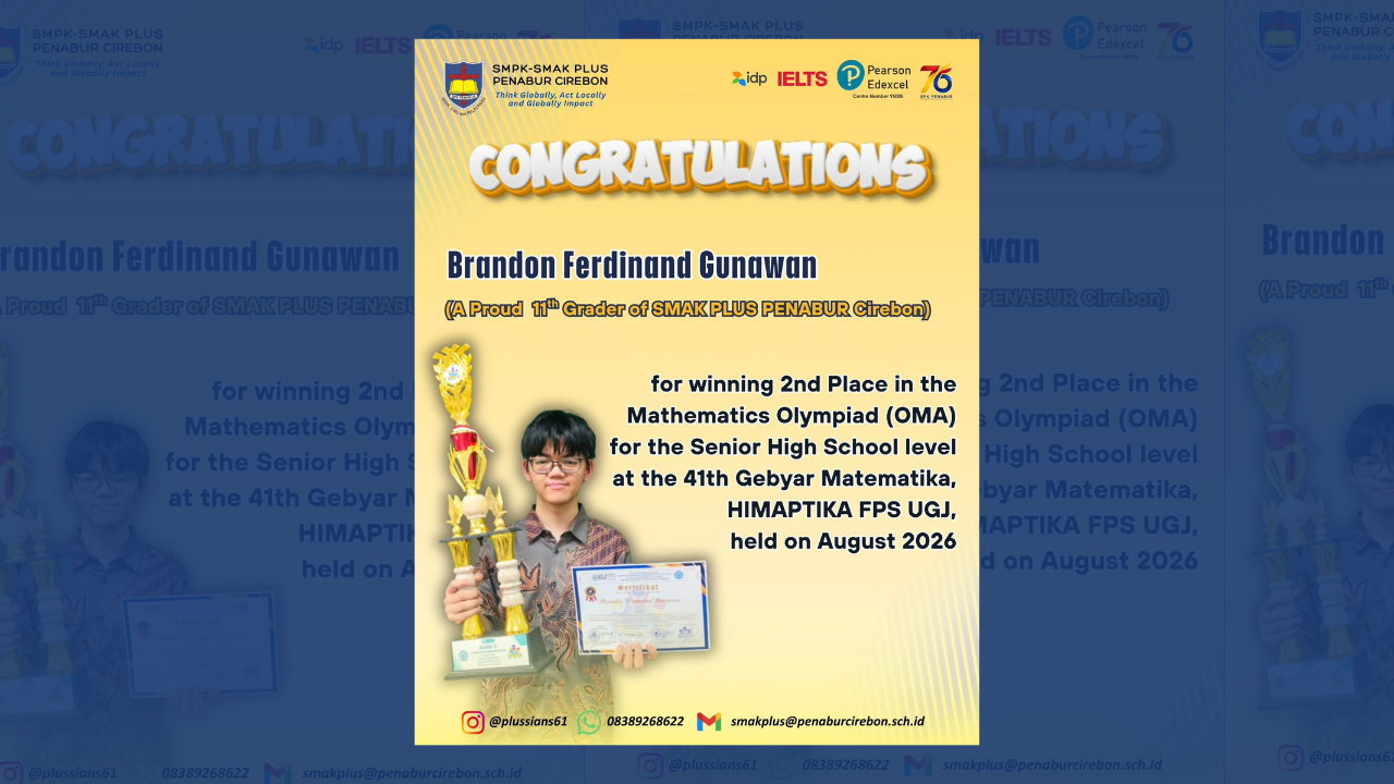 Winning 2nd Place in the Mathematics Olympiad (OMA) for the Senior High School level at the 41th Gebyar Matematika, HIMAPTIKA UGJ